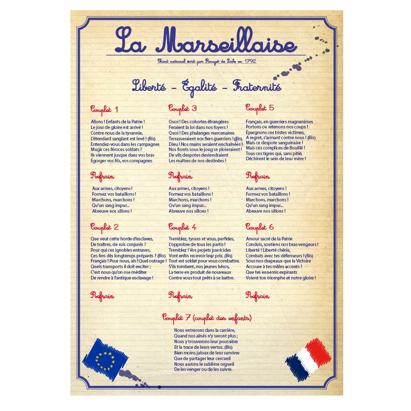 En Quelle Année La Marseillaise A été écrite Affiche en PVC rigide selon la loi Blanquer. Paroles de l'Hymne