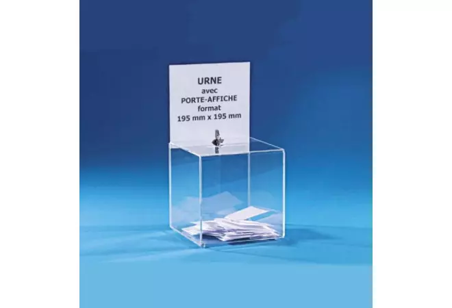 Visuel de l'urne de comptoir pour élection en plexi sécurisée avec porte-affiche - 400 bulletins - Cofradis Collectivités