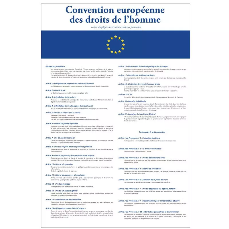 Affiche en PVC ou PLEXI "Convention Européenne des Droits de l'Homme"
