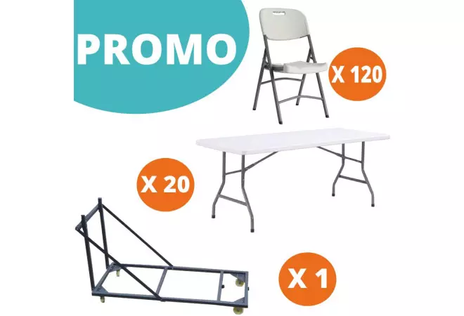 Lot de 20 tables 183 cm blanches + 120 chaises Polychaise + 1 chariot table