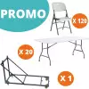 Lot de 20 tables 183 cm blanches + 120 chaises Polychaise + 1 chariot table