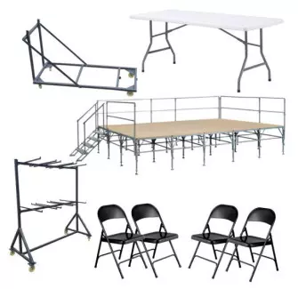 LOT COMPLET PODIUM MODULABLE + 10 TABLES + 48 CHAISES + 1 CHARIOT CHAISE +1 CHARIOT TABLES