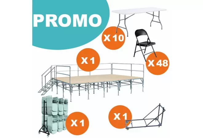 LOT COMPLET PODIUM MODULABLE + 10 TABLES + 48 CHAISES + 1 CHARIOT CHAISE +1 CHARIOT TABLES