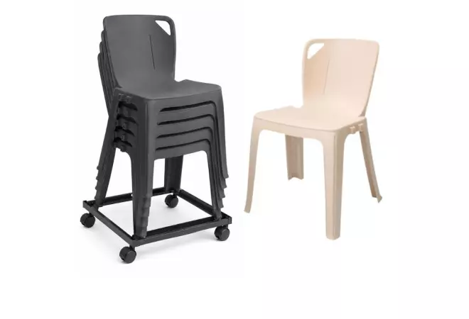 Lot de chaise empilable en plastique monobloc et chariot