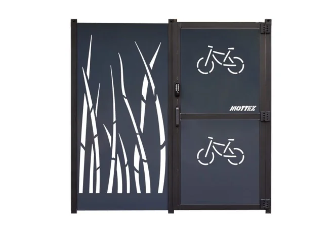 abri à vélo métal vue de la porte et d'un bardage