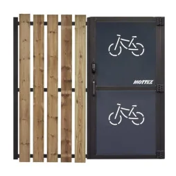 box vélo vue de la porte en acier et du bardage en bois