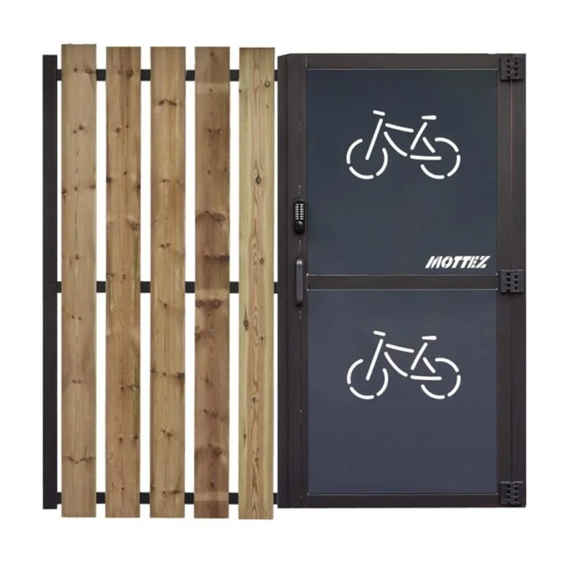 box vélo vue de la porte en acier et du bardage en bois