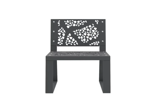 fauteuil de ville en métal avec motif découpé au laser vue de face