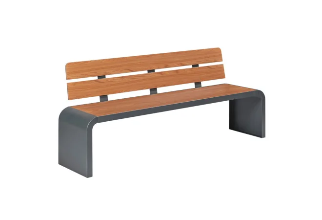 Banc urbain design HPL et acier coloris teck