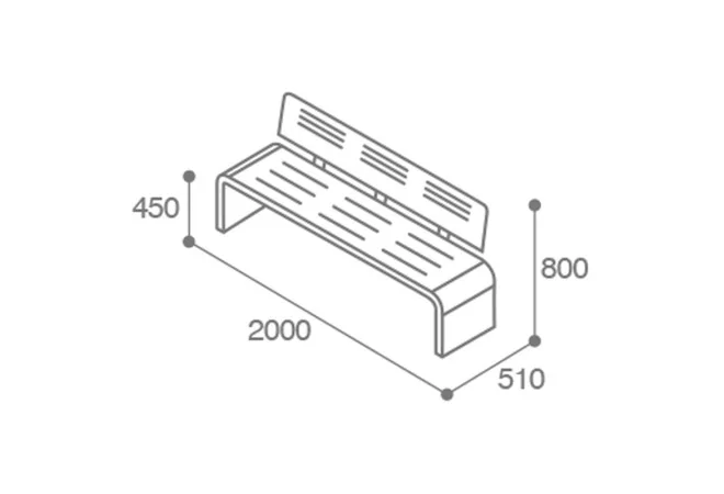 Dimensions du banc urbain design HPL ajouré 2000 mm
