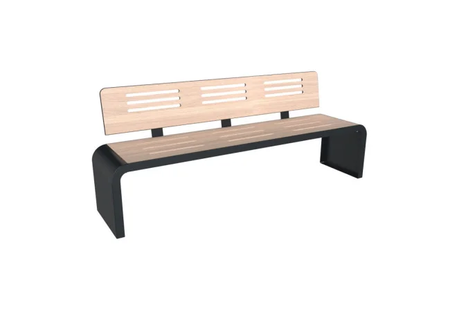 Banc urbain design HPL ajouré et acier coloris chêne clair