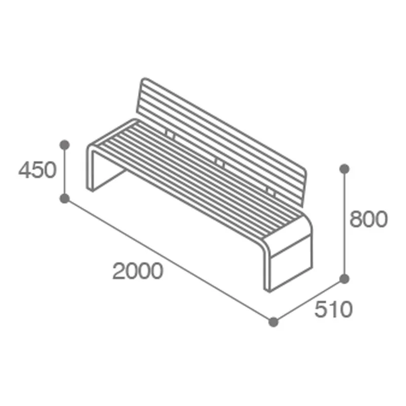 Dimensions du banc urbain design HPL effet lames et acier