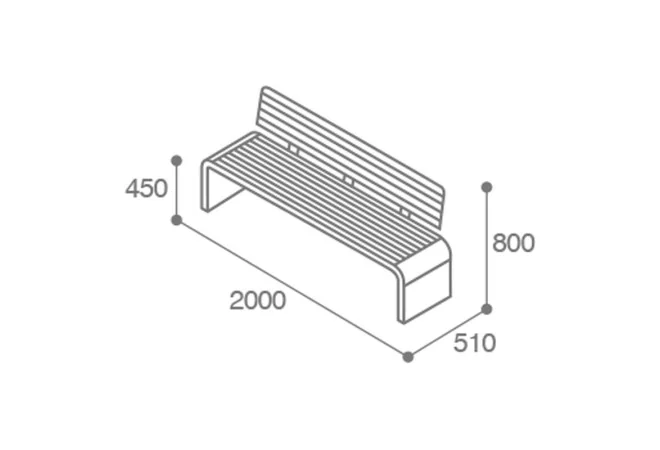 Dimensions du banc urbain design HPL effet lames et acier