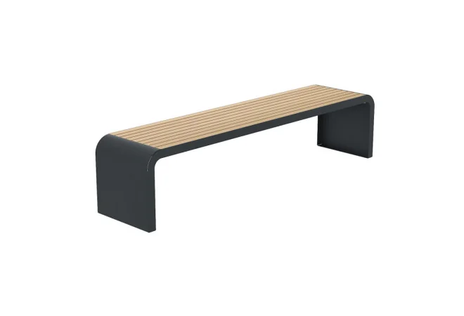 Banquette urbaine design HPL effet lames chêne clair et acier anthracite