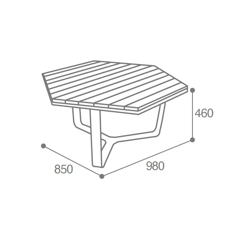 dimensions de la table basse extérieure hexagonale en bois et acier
