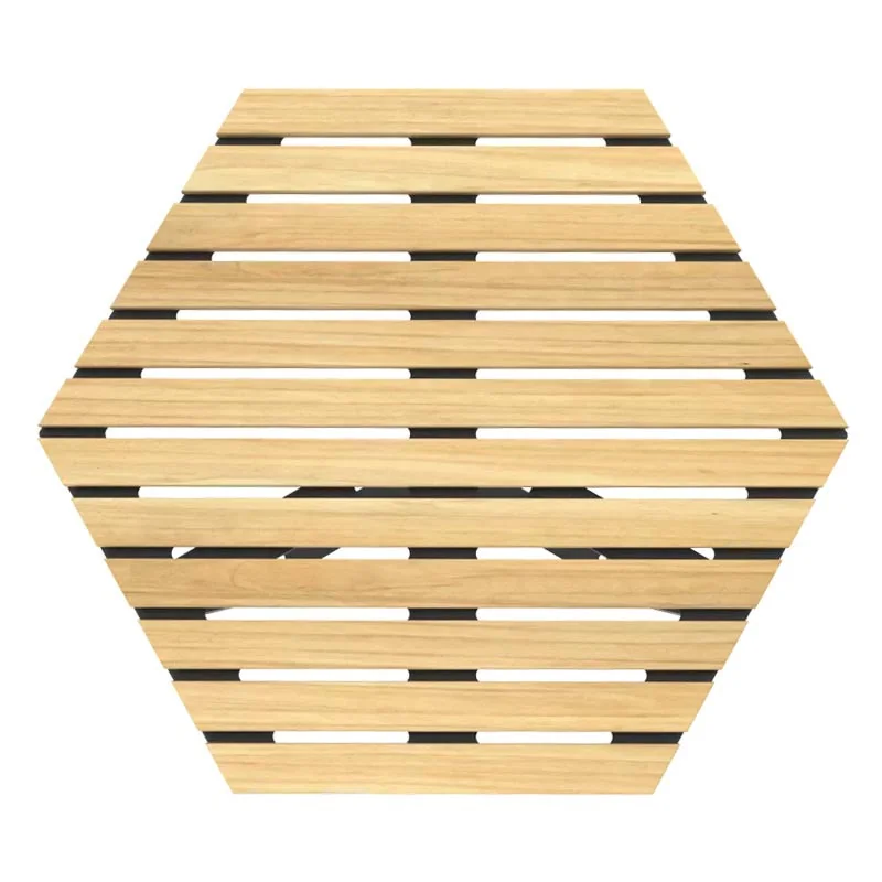 Table basse extérieure hexagonale vue du plateau en bois
