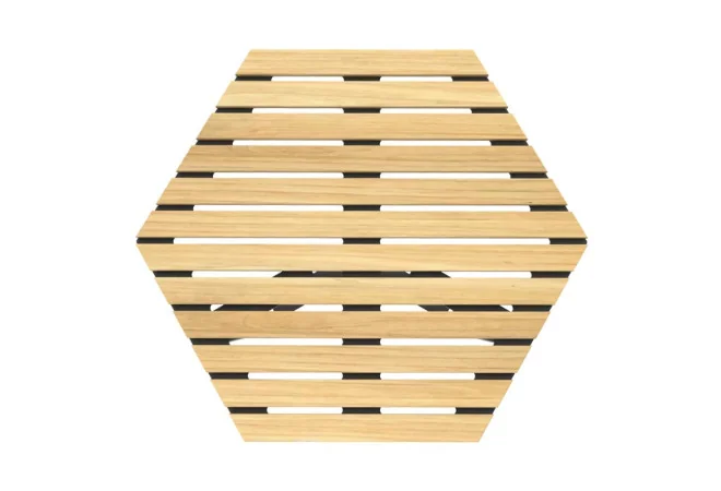 Table basse extérieure hexagonale vue du plateau en bois