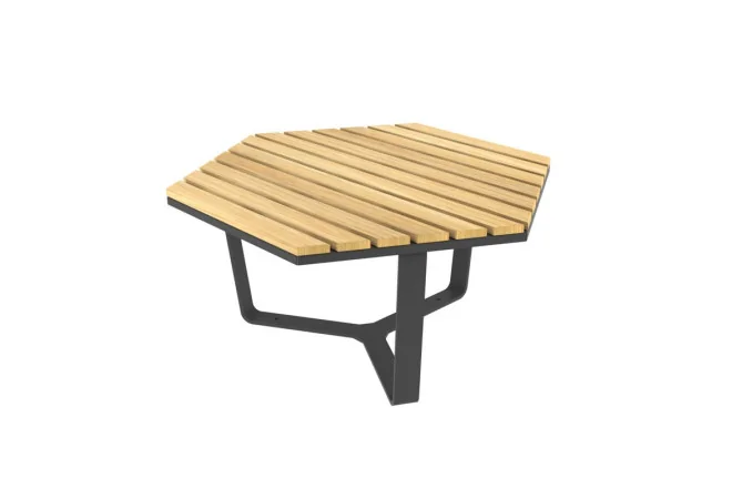 Table basse extérieure hexagonale en bois et acier
