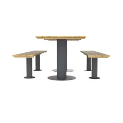 Table extérieure 6 places en bois et acier avec assises séparées vue de profil