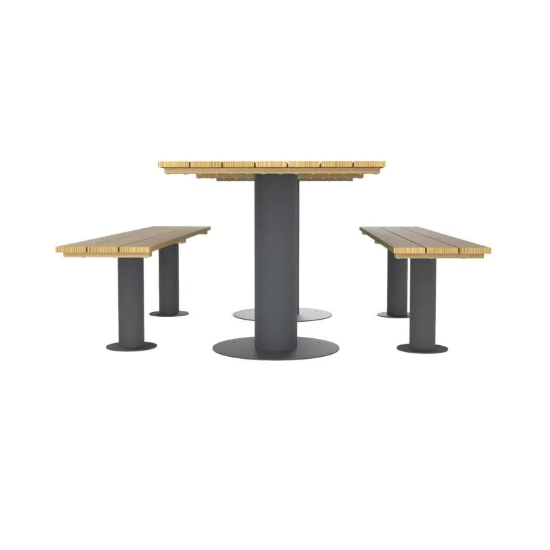 Table extérieure 6 places en bois et acier avec assises séparées vue de profil