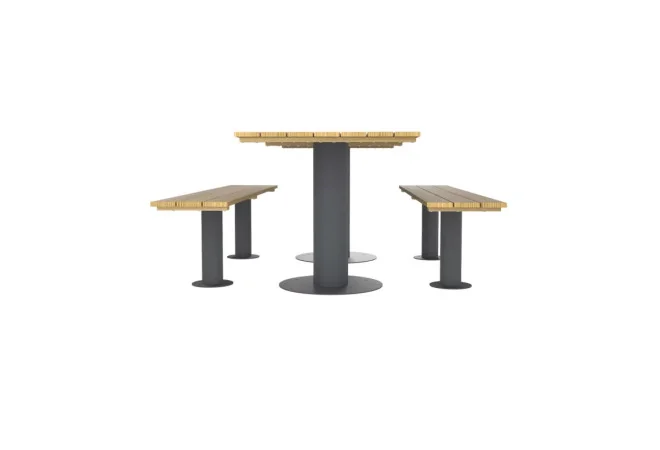 Table extérieure 6 places en bois et acier avec assises séparées vue de profil
