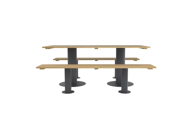 Table pique-nique 6 places en bois et acier avec bancs séparés vue de face
