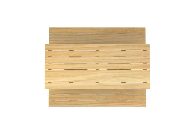 Table de pique-nique en bois et acier vue du plateau et des assises en robinier