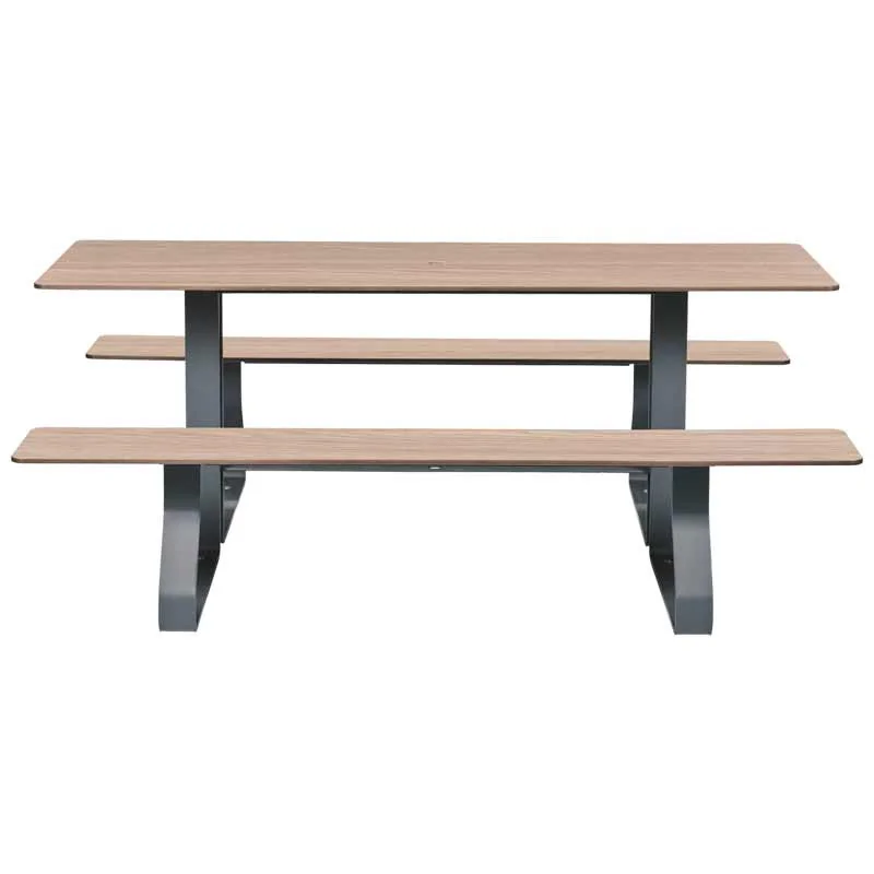 Table pique-nique en compact HPL effet bois chêne clair et acier vue de face