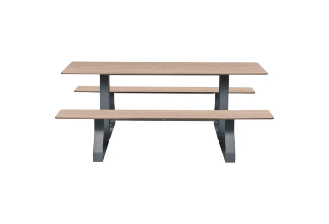 Table pique-nique en compact HPL effet bois chêne clair et acier vue de face