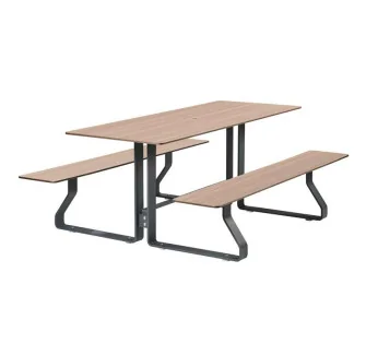 Table pique-nique HPL effet bois chêne clair et acier avec trou de parasol