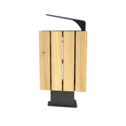 Poubelle de ville en bois et métal avec ouverture protégée vue latérale