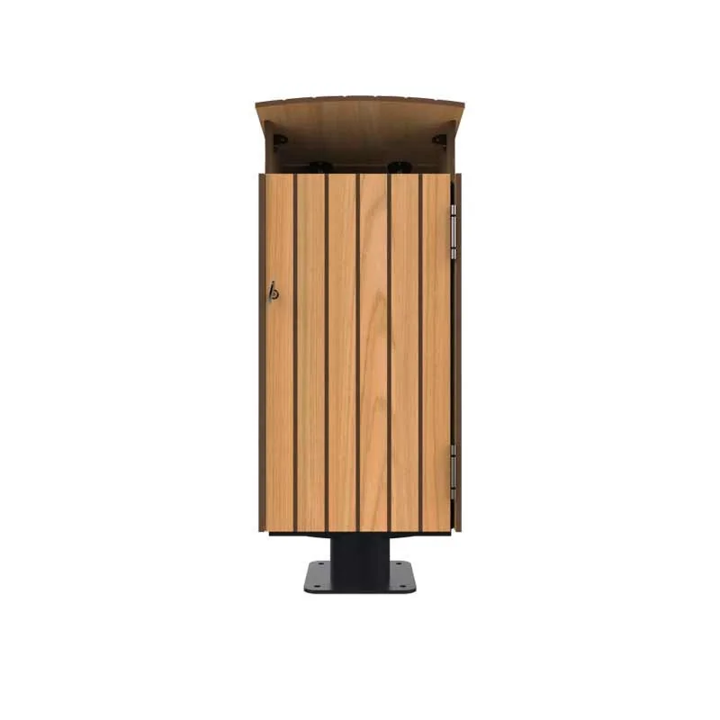 Poubelle publique HPL et acier avec toit 80 L vue de face