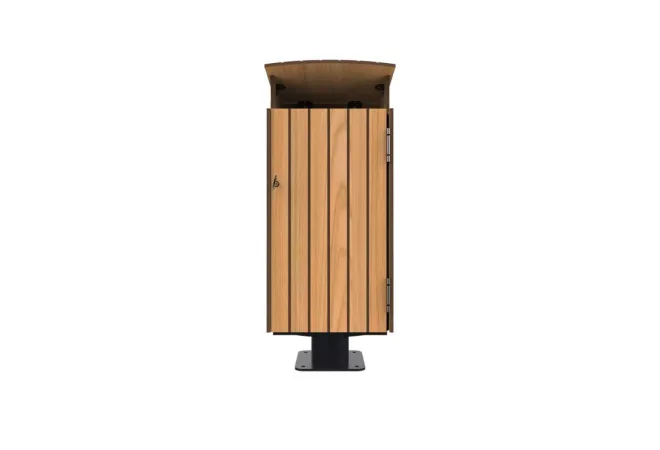 Poubelle publique HPL et acier avec toit 80 L vue de face