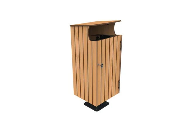 Poubelle publique HPL effet teck et acier avec pare-pluie 80 L