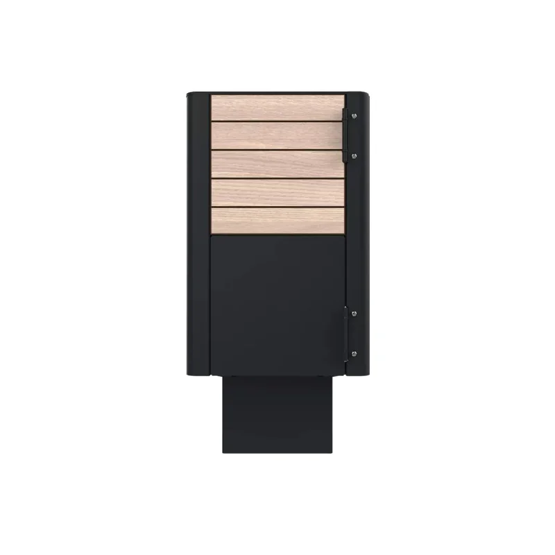 Poubelle de ville HPL lames horizontales et acier 60 L coloris chêne clair vue arrière