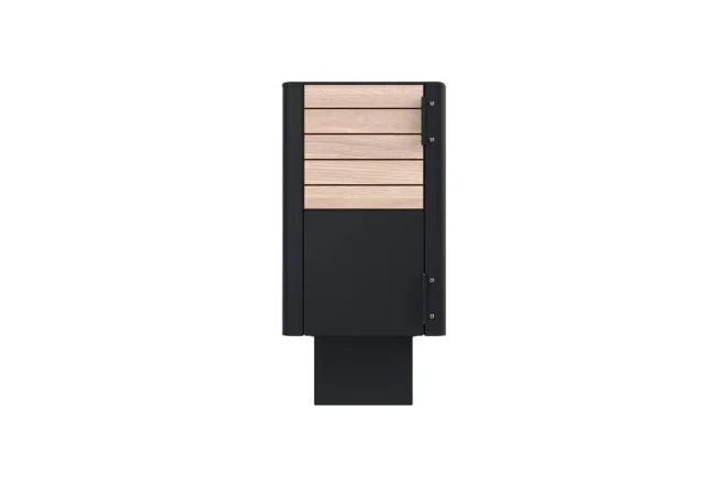 Poubelle de ville HPL lames horizontales et acier 60 L coloris chêne clair vue arrière