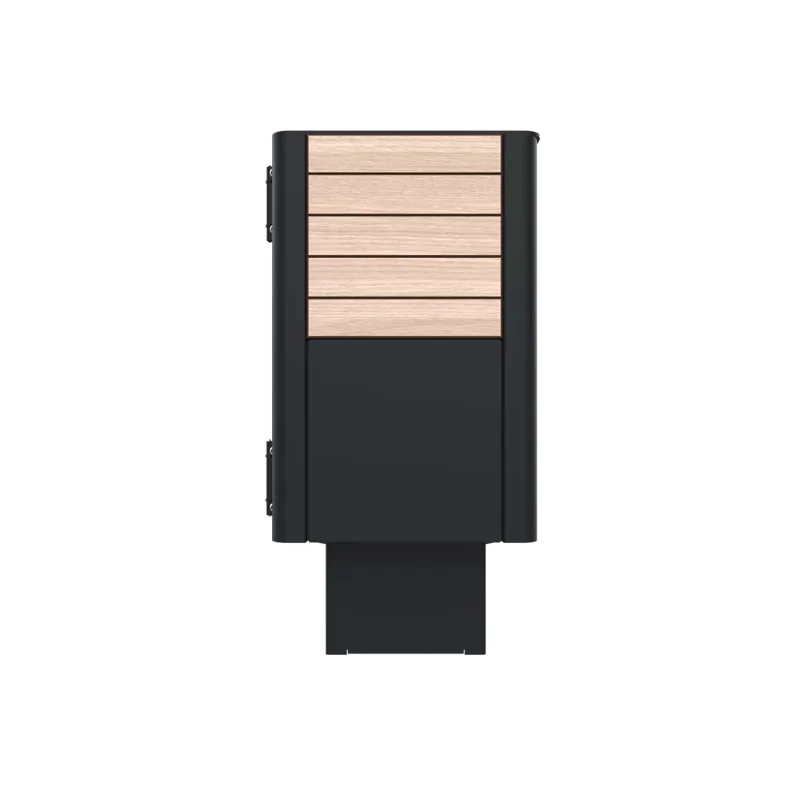 Poubelle publique HPL lames horizontales et acier 60 L coloris chêne clair vue latérale