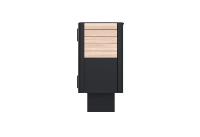 Poubelle publique HPL lames horizontales et acier 60 L coloris chêne clair vue latérale