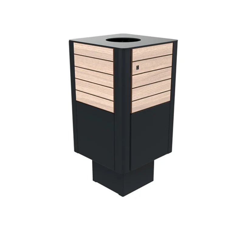 Poubelle de ville HPL lames horizontales et acier 60 L coloris chêne clair