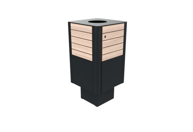 Poubelle de ville HPL lames horizontales et acier 60 L coloris chêne clair
