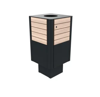 Poubelle de ville HPL lames horizontales et acier 60 L coloris chêne clair