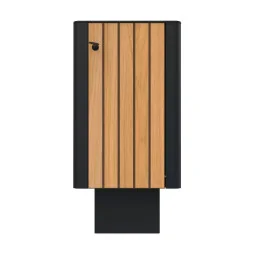 Poubelle de ville HPL lames verticales et acier 60 L coloris teck vue de face