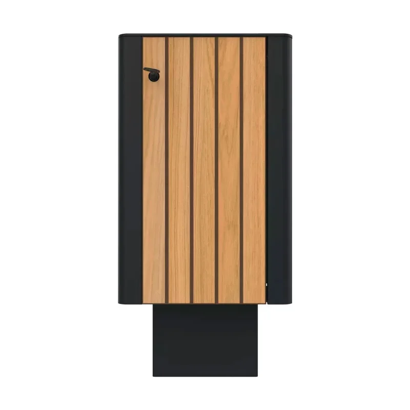 Poubelle de ville HPL lames verticales et acier 60 L coloris teck vue de face