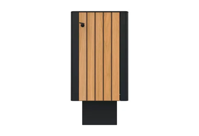 Poubelle de ville HPL lames verticales et acier 60 L coloris teck vue de face
