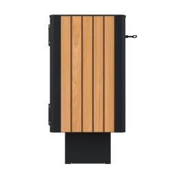 Corbeille urbaine HPL lames verticales et acier 60 L coloris teck vue latérale
