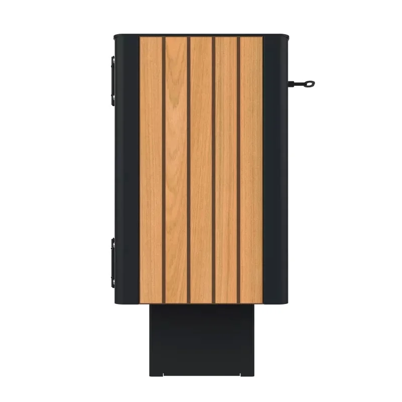 Corbeille urbaine HPL lames verticales et acier 60 L coloris teck vue latérale