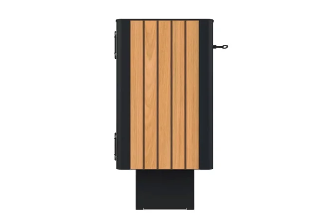 Corbeille urbaine HPL lames verticales et acier 60 L coloris teck vue latérale
