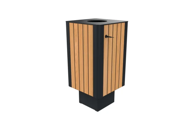 Poubelle publique HPL lames verticales et acier 60 L coloris teck
