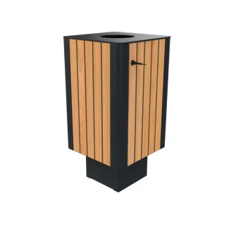 Poubelle publique HPL lames verticales et acier 60 L coloris teck