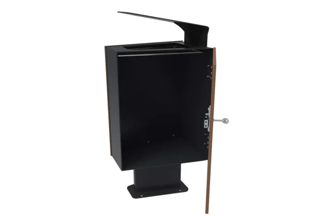Poubelle de ville HPL et acier 60 L coloris chêne clair porte ouverte